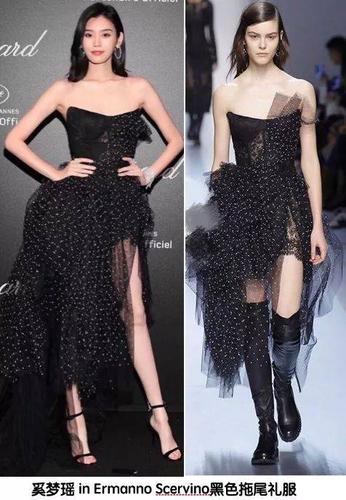 奚梦瑶身穿 Ermanno Scervino 黑色薄纱抹胸礼服裙亮相于 2018 戛纳现场